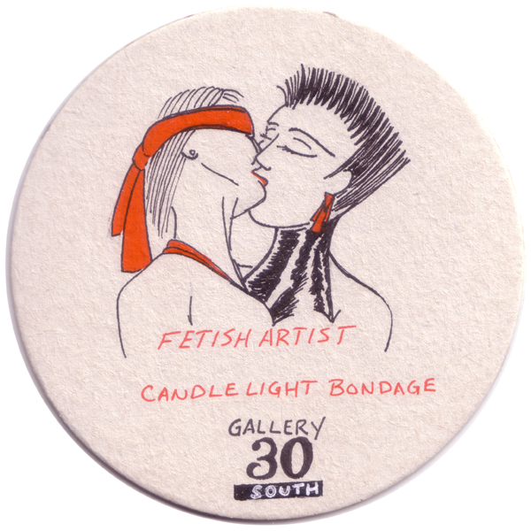 B-side to Candlelight Bondage. $40 Lesbian, fetish. Pen and Ink on coaster board. E-mail info@gallery30south.com for purchase info. 