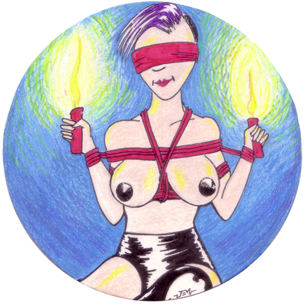 Candlelight Bondage. $40. 4 inches in diameter. Colored pencil and ink on paper mounted to coaster board. E-mail info@gallery30south.com for purchase info.