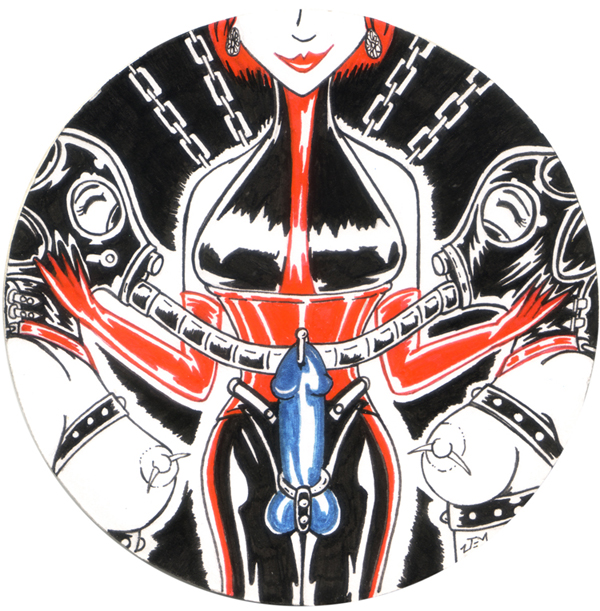 Friends of Blue. Femdom latex fetish bondage. 4 inches in diameter. Pen and Ink on paper mounted to coaster board. E-mail info@gallery30south.com for purchase info.