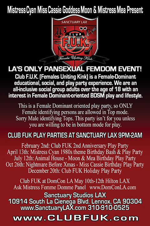Dates and details for Club FUK, Females Uniting Kink